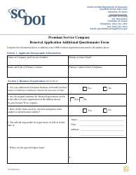 Document preview: Premium Service Company Renewal Application Additional Questionnaire Form - South Carolina