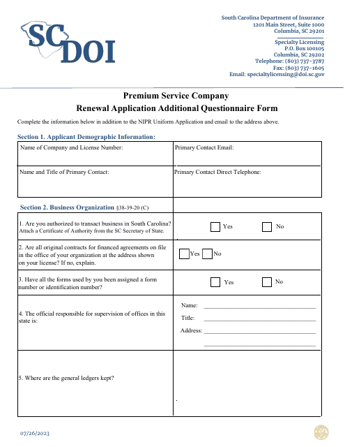 Premium Service Company Renewal Application Additional Questionnaire Form - South Carolina Download Pdf