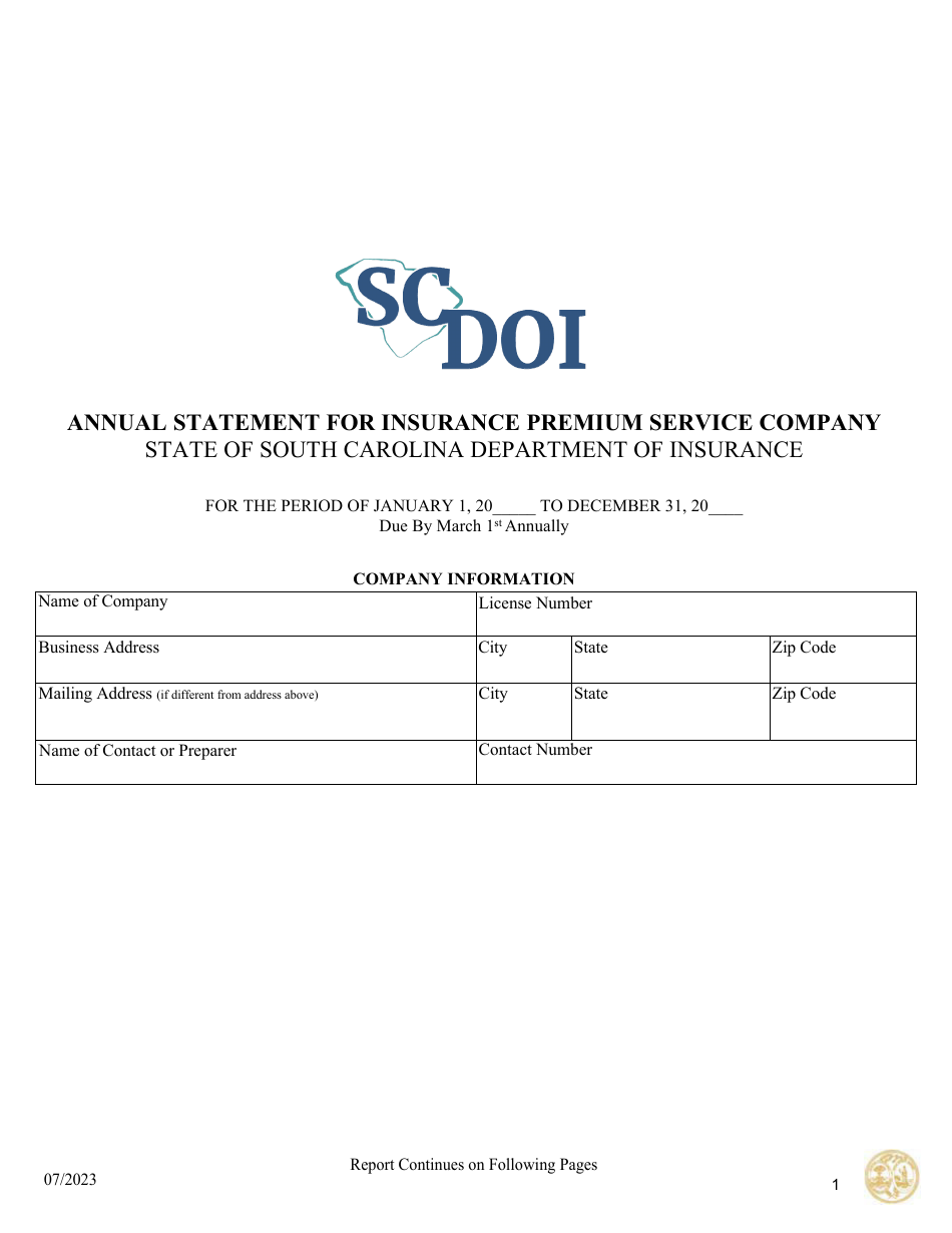 South Carolina Annual Statement for Insurance Premium Service Company