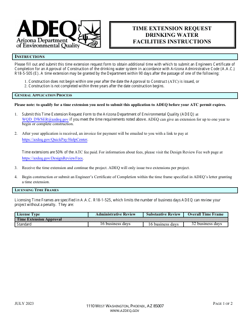 Time Extension Request - Drinking Water Facilities - Arizona Download Pdf