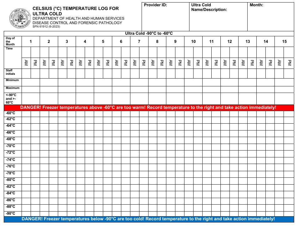 Form SFN61912 Celsius (C) Temperature Log for Ultra Cold - North Dakota, Page 1