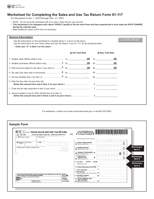 Form 01-797 Worksheet for Completing the Sales and Use Tax Return Form 01-117 - Texas, 2023