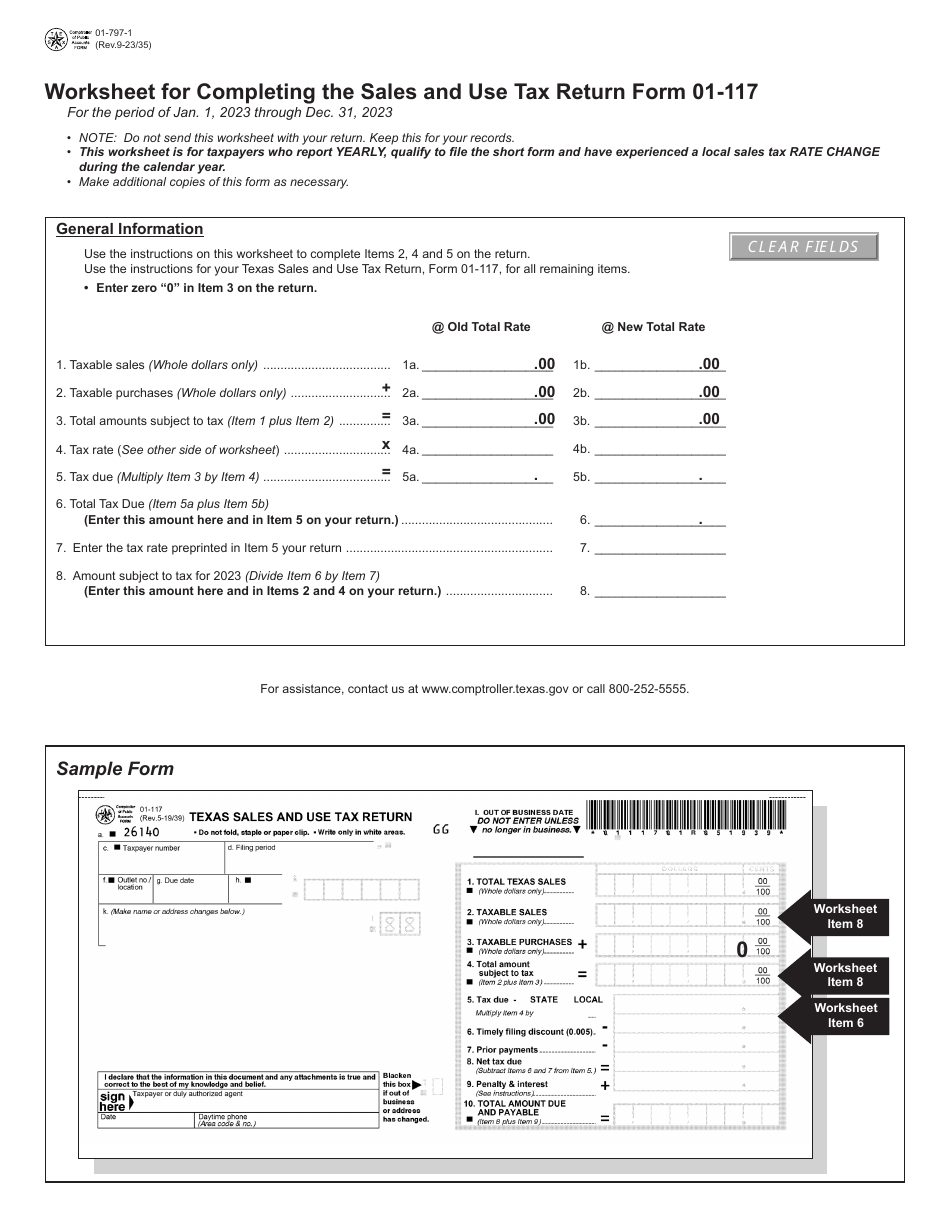 Form 01-797 Worksheet for Completing the Sales and Use Tax Return Form 01-117 - Texas, Page 1