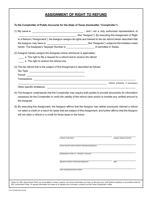 Form 00-985 Assignment of Right to Refund - Texas