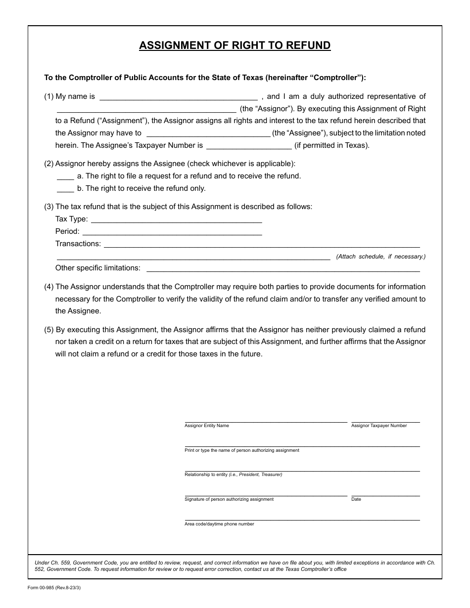 Form 00-985 Assignment of Right to Refund - Texas, Page 1