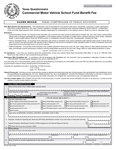 Form AP-195 Texas Questionnaire - Commercial Motor Vehicle School Fund Benefit Fee - Texas