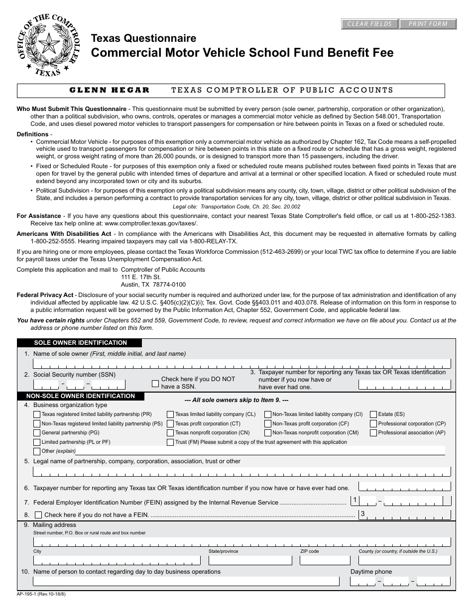 Form AP195 Fill Out, Sign Online and Download Fillable PDF, Texas