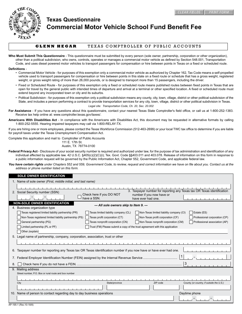 Form AP-195 Texas Questionnaire - Commercial Motor Vehicle School Fund Benefit Fee - Texas, Page 1