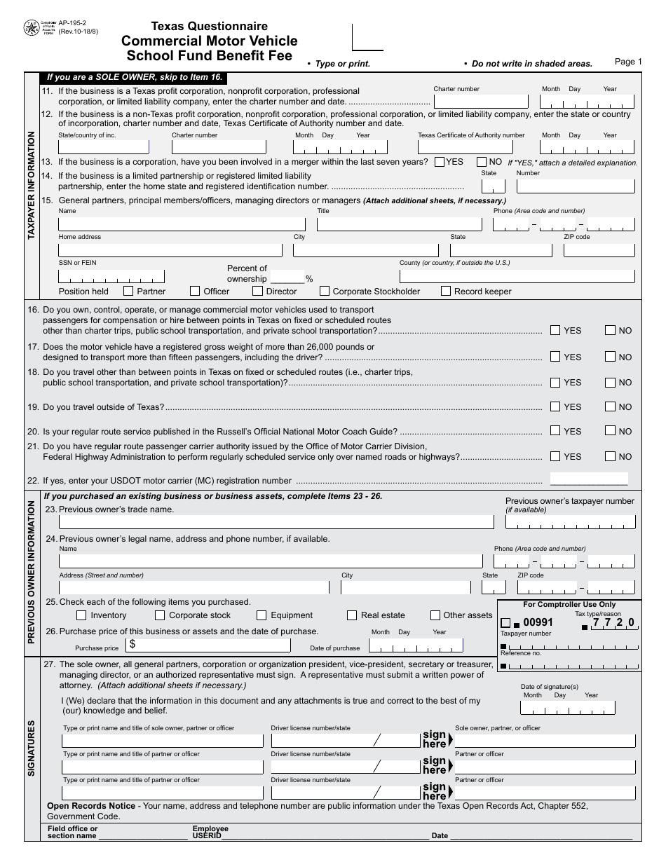 Form AP-195 Texas Questionnaire - Commercial Motor Vehicle School Fund Benefit Fee - Texas, Page 2