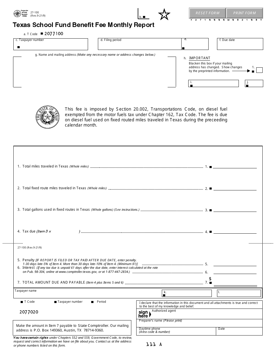 Form 27-100 Texas School Fund Benefit Fee Monthly Report - Texas, Page 1
