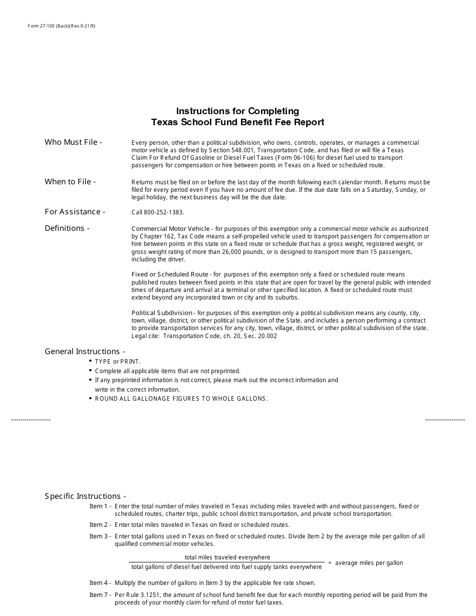 Form 27-100 Texas School Fund Benefit Fee Monthly Report - Texas, Page 2
