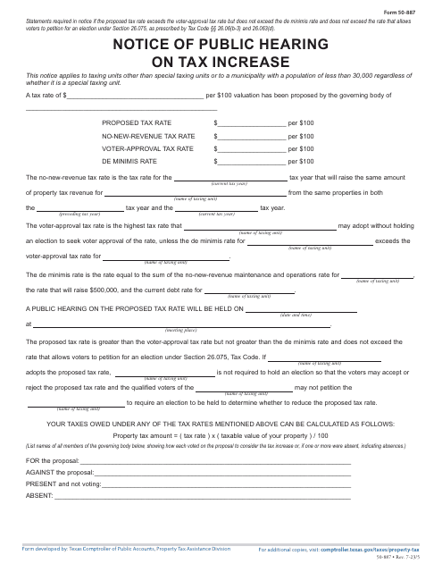 Form 50-887 Notice of Public Hearing on Tax Increase - Proposed Rate Does Not Exceed No-New-Revenue Tax Rate, but Exceeds Voter Approval Tax Rate, but Not De Minimis Rate - Texas, 2023