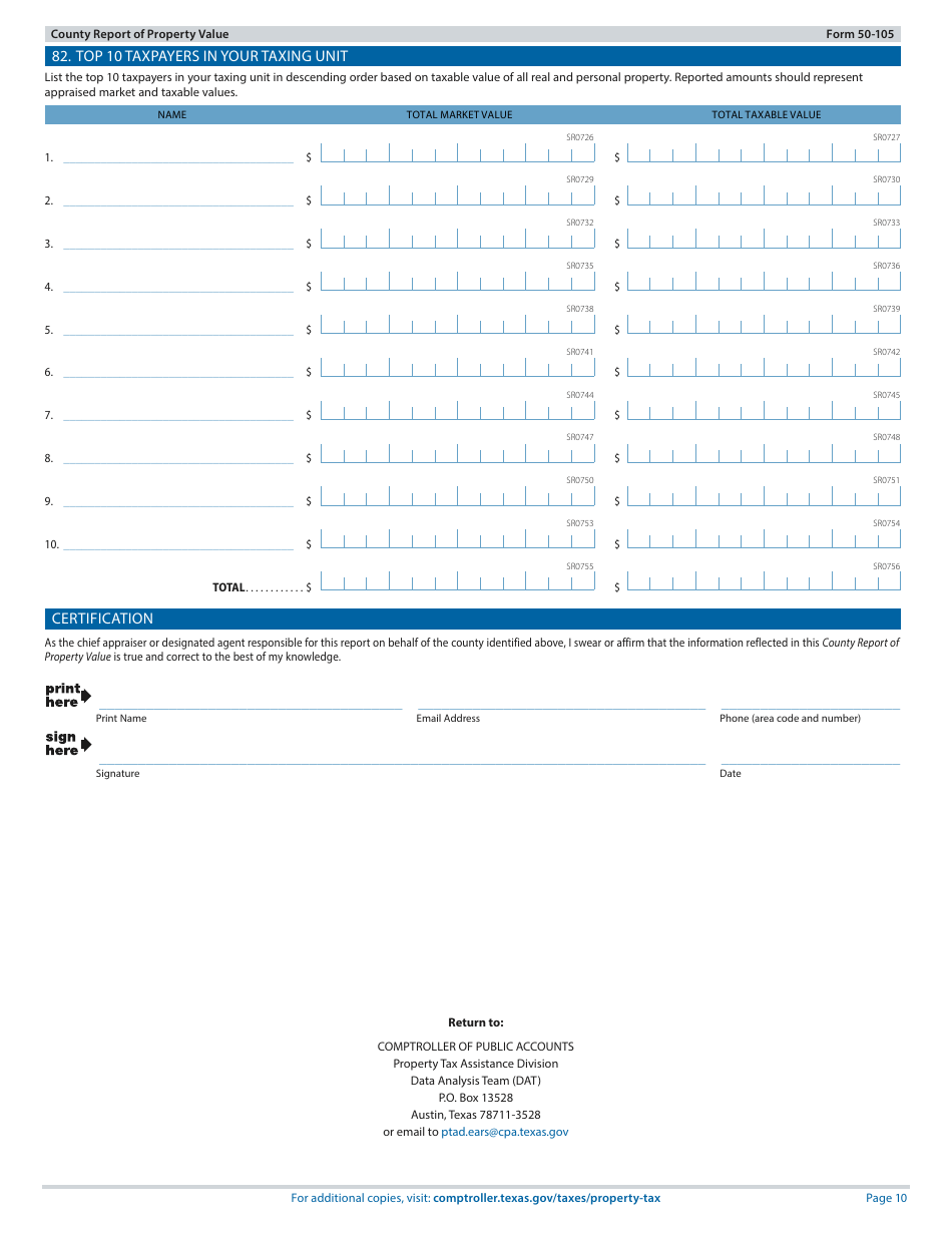 Form 50-105 County Report of Property Value - Texas, Page 10