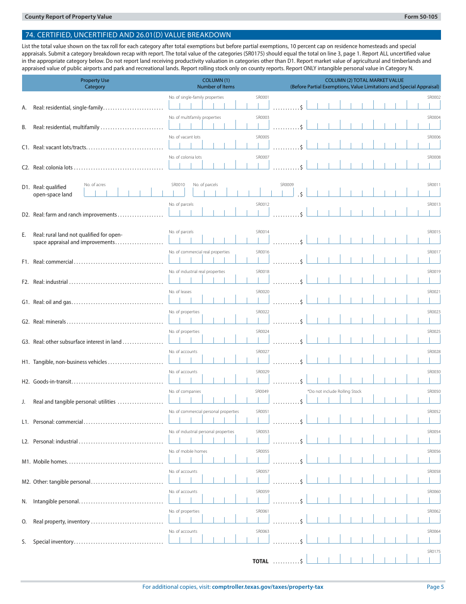Form 50-105 County Report of Property Value - Texas, Page 5