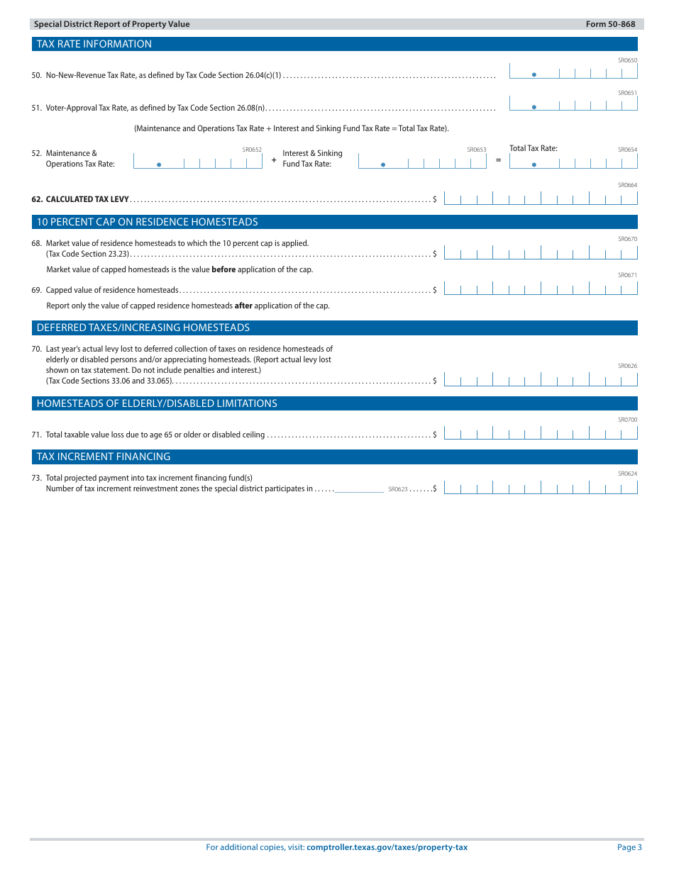 Form 50-868 Special District Report of Property Value - Texas, Page 3