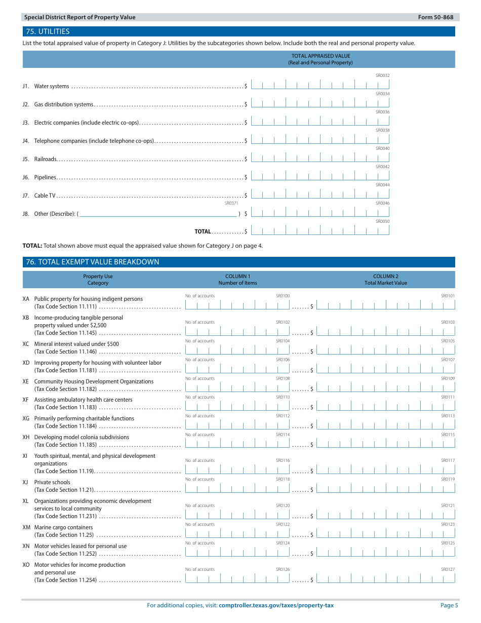 Form 50-868 Special District Report of Property Value - Texas, Page 5
