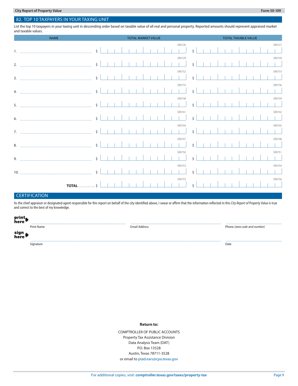 Form 50-109 City Report of Property Value - Texas, Page 9