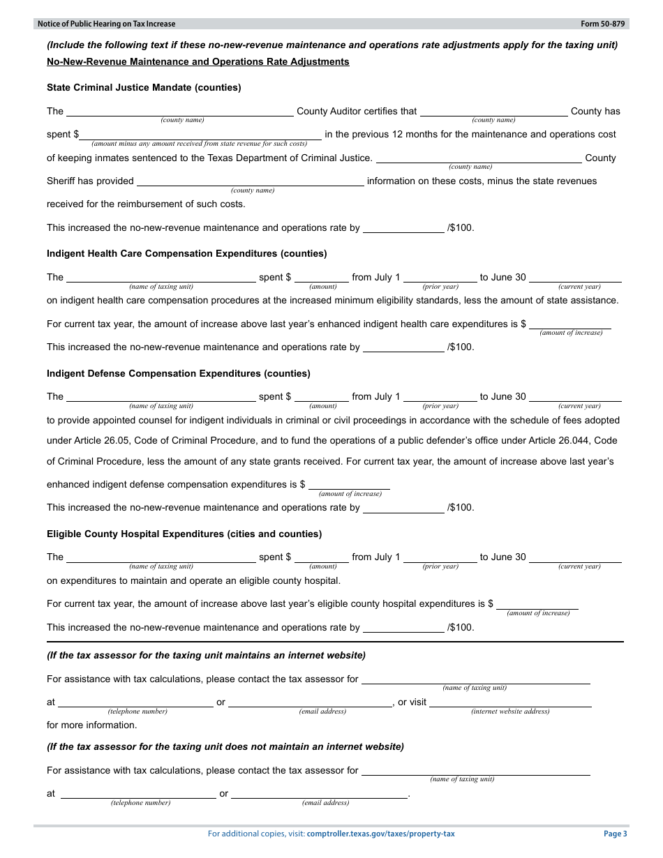 Form 50-879 Notice of Public Hearing on Tax Increase - Proposed Rate Exceeds No-New-Revenue and Voter-Approval Tax Rate, but Not De Minimis Rate - Texas, Page 3