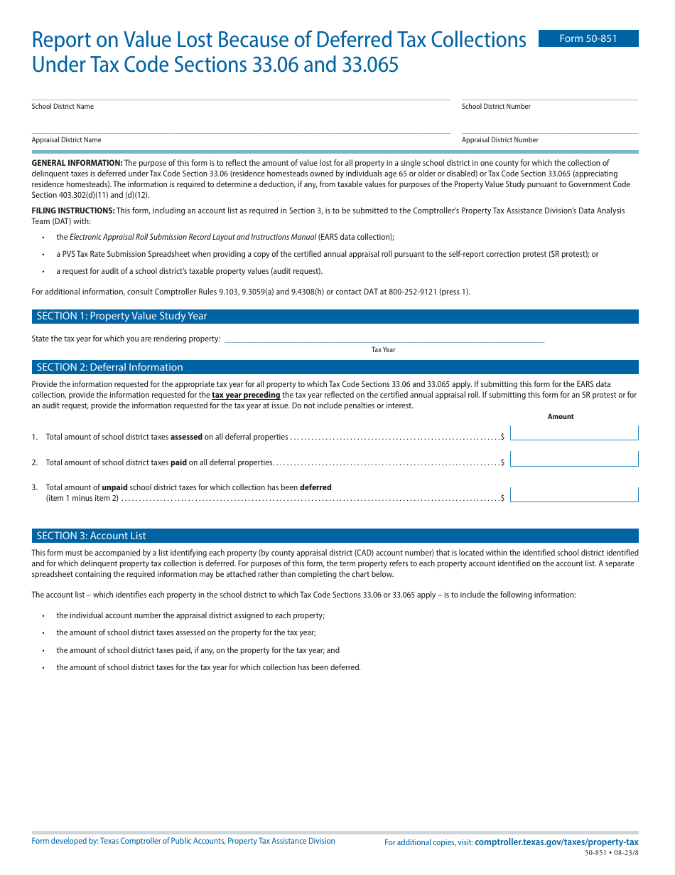Form 50-851 Report on Value Lost Because of Deferred Tax Collections Under Tax Code Sections 33.06 and 33.065 - Texas, Page 1