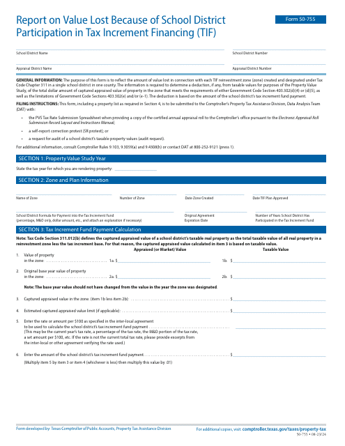 Form 50-755 Report on Value Lost Because of School District Participation in Tax Increment Financing (Tif) - Texas