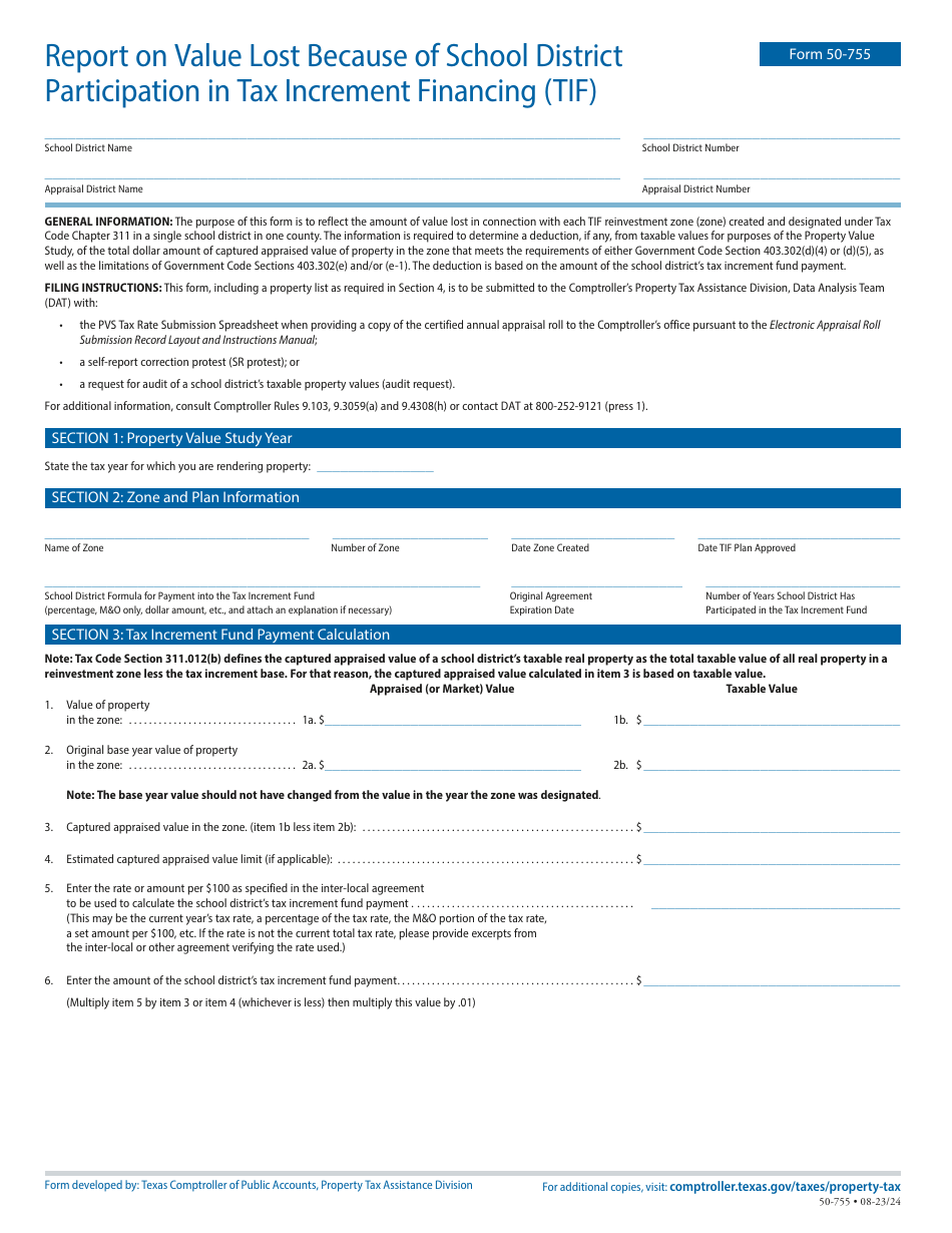 Form 50-755 Report on Value Lost Because of School District Participation in Tax Increment Financing (Tif) - Texas, Page 1