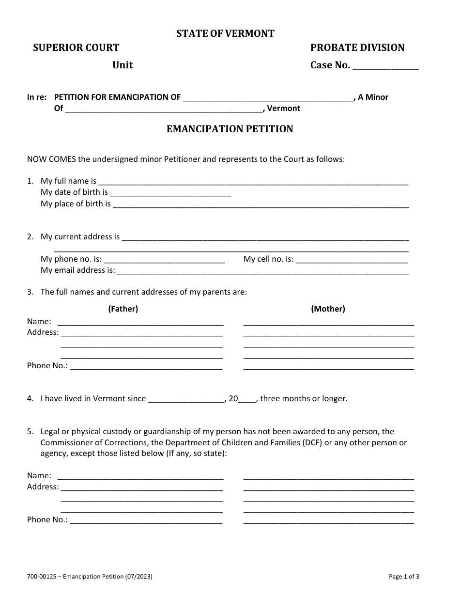 Form 700-00125 Emancipation Petition - Vermont, Page 1