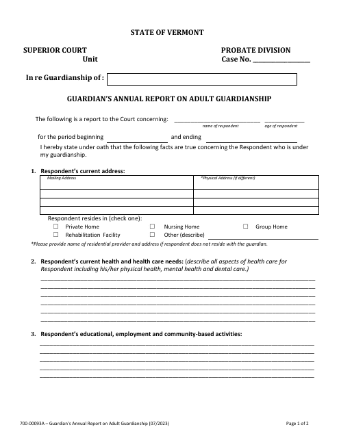 Form 700-00093A Guardian's Annual Report on Adult Guardianship - Vermont