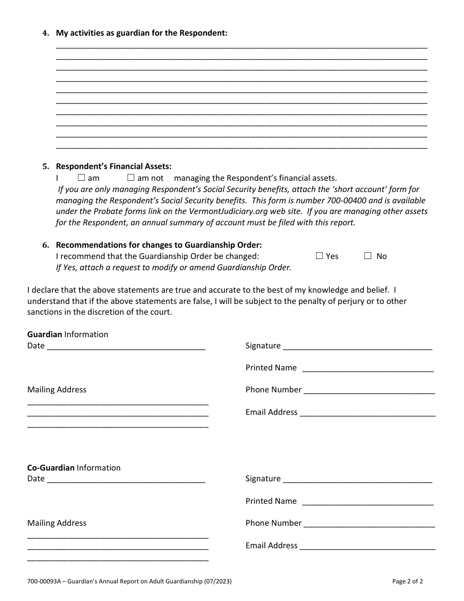 Form 700-00093A Guardians Annual Report on Adult Guardianship - Vermont, Page 2