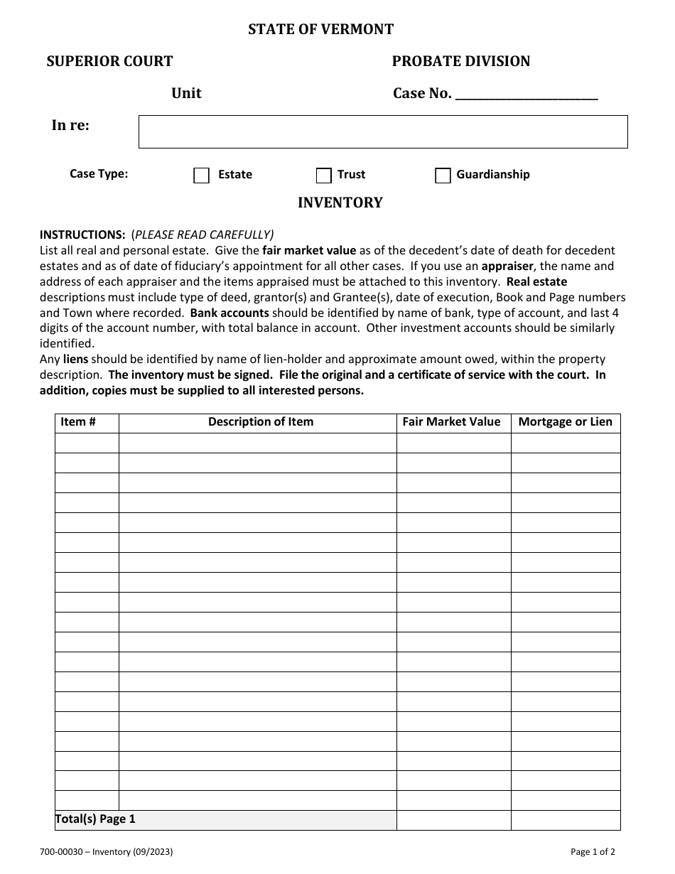 Form 700-00030 Inventory Schedule - Vermont, Page 1