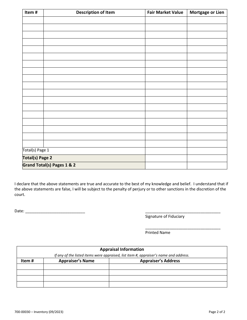 Form 700-00030 Inventory Schedule - Vermont, Page 2