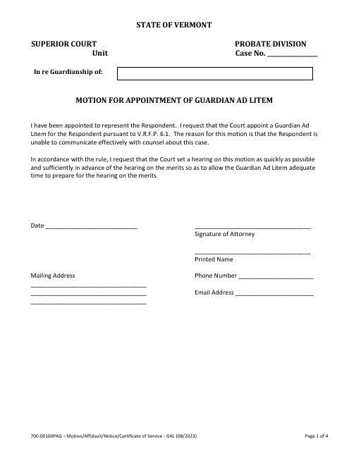 Form 700-00100PAG Motion for Appointment of Guardian Ad Litem - Vermont