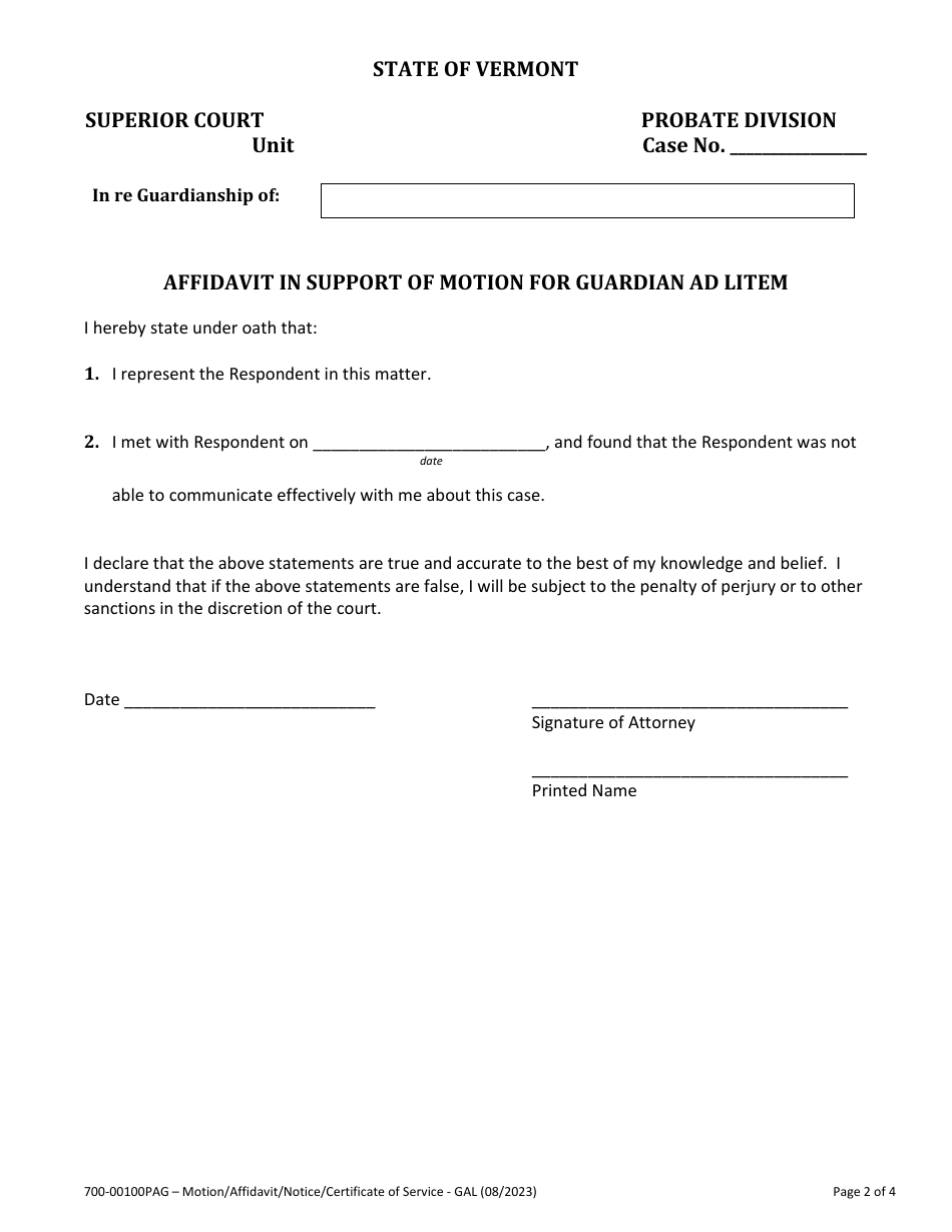 Form 700-00100PAG Motion for Appointment of Guardian Ad Litem - Vermont, Page 2