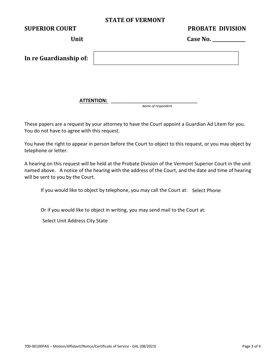 Form 700-00100PAG Motion for Appointment of Guardian Ad Litem - Vermont, Page 3