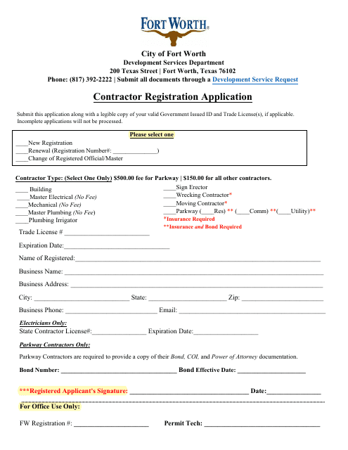 Contractor Registration Application - City of Fort Worth, Texas