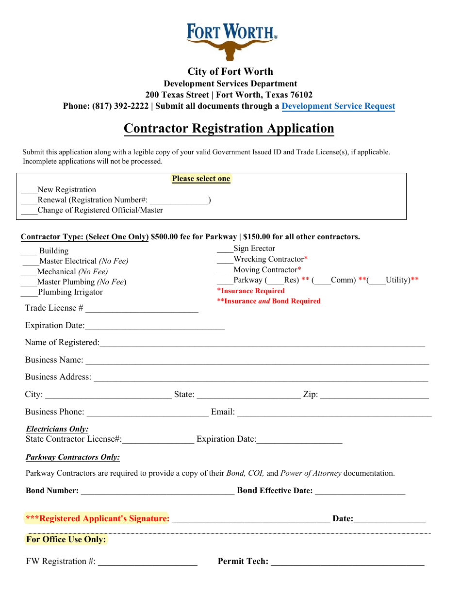 Contractor Registration Application - City of Fort Worth, Texas, Page 1