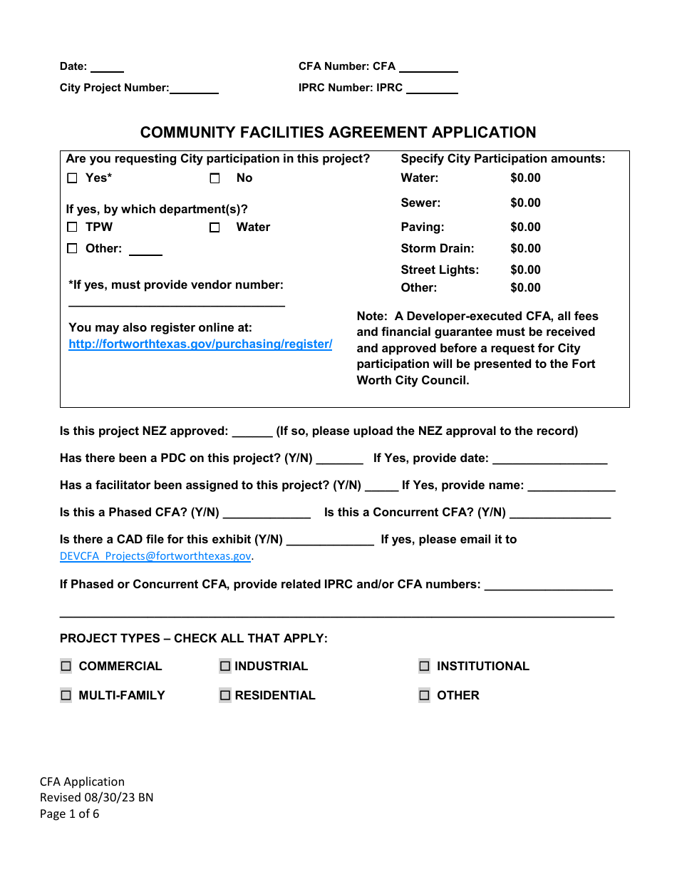 Community Facilities Agreement Application - City of Fort Worth, Texas, Page 1