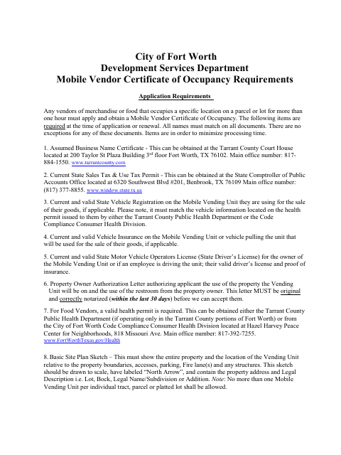 Mobile Vendor Certificate of Occupancy Application - City of Fort Worth, Texas Download Pdf
