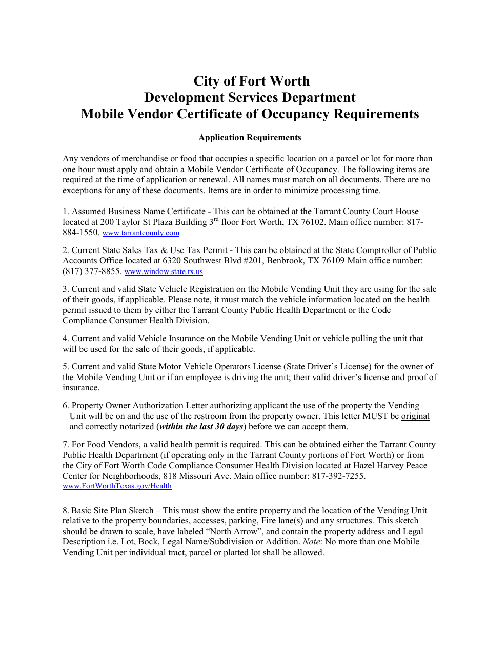 Mobile Vendor Certificate of Occupancy Application - City of Fort Worth, Texas, Page 1