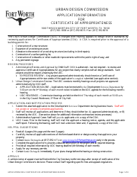 Document preview: Application for Certificate of Appropriateness - Urban Design Commission - City of Fort Worth, Texas