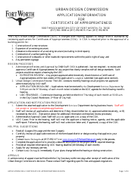 Application for Certificate of Appropriateness - Urban Design Commission - City of Fort Worth, Texas