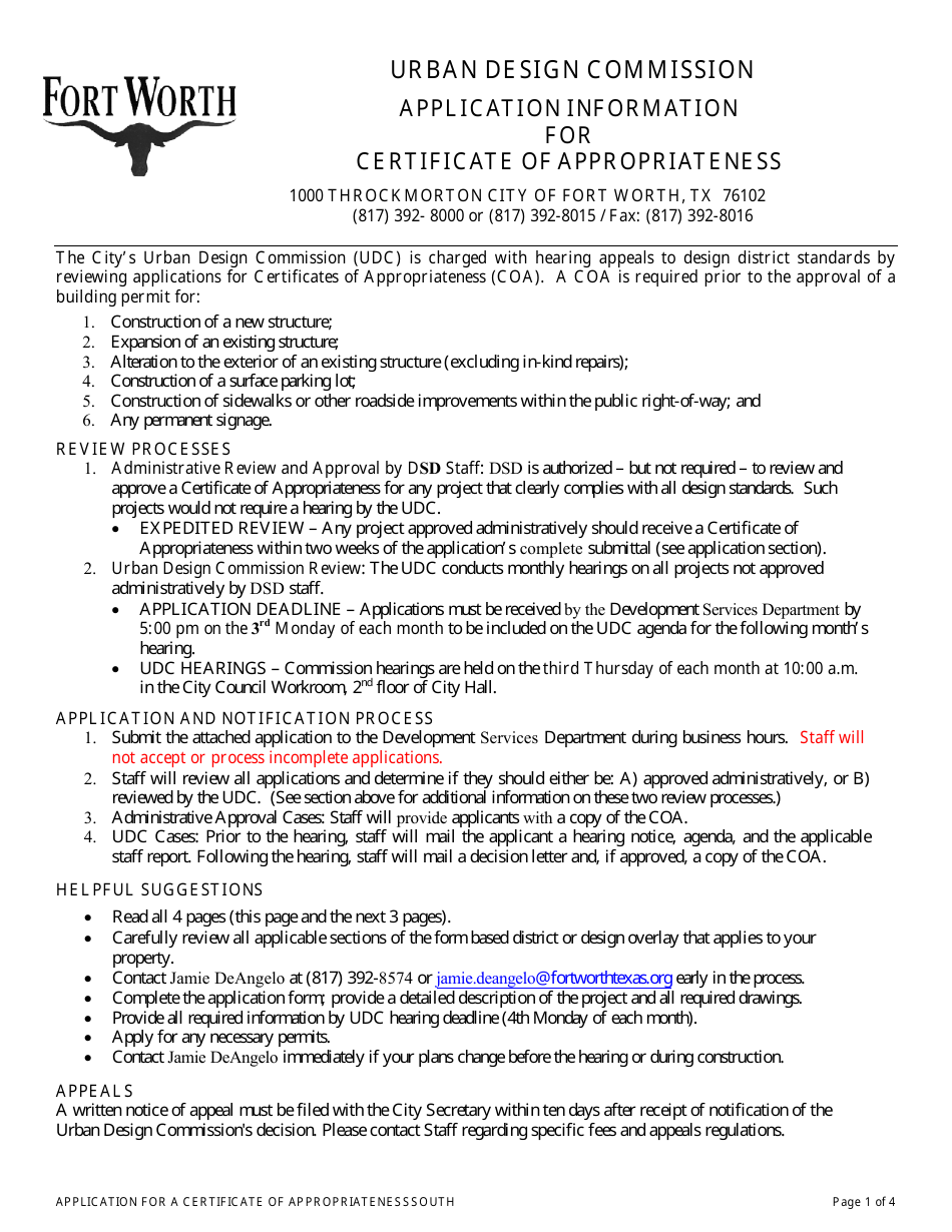 Application for Certificate of Appropriateness - Urban Design Commission - City of Fort Worth, Texas, Page 1