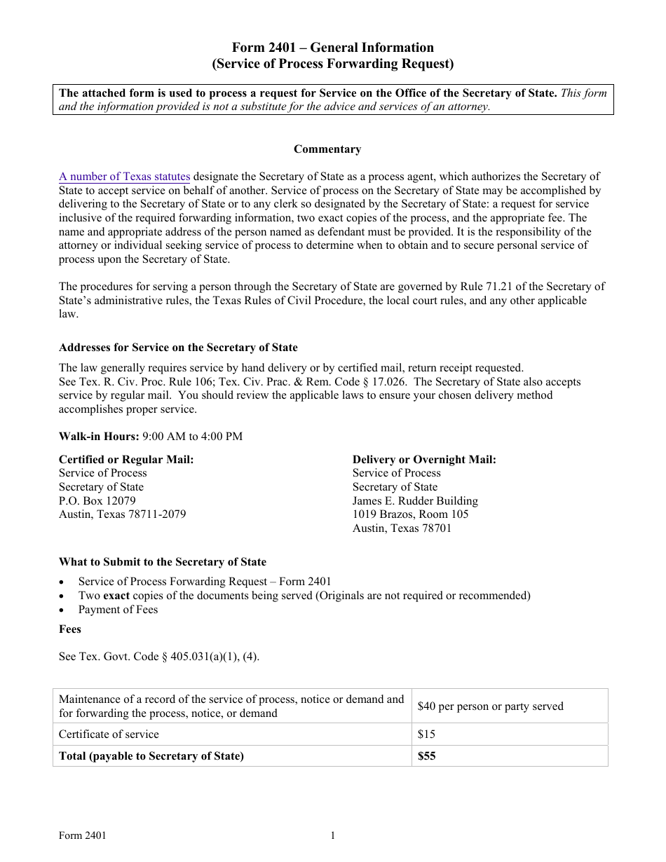 Form 2401 Service of Process Forwarding Request - Texas, Page 1