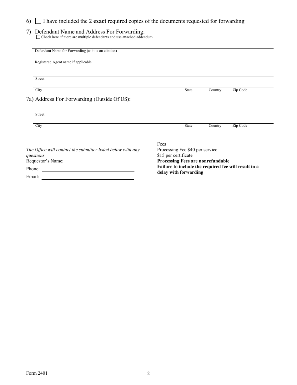 Form 2401 Service of Process Forwarding Request - Texas, Page 4