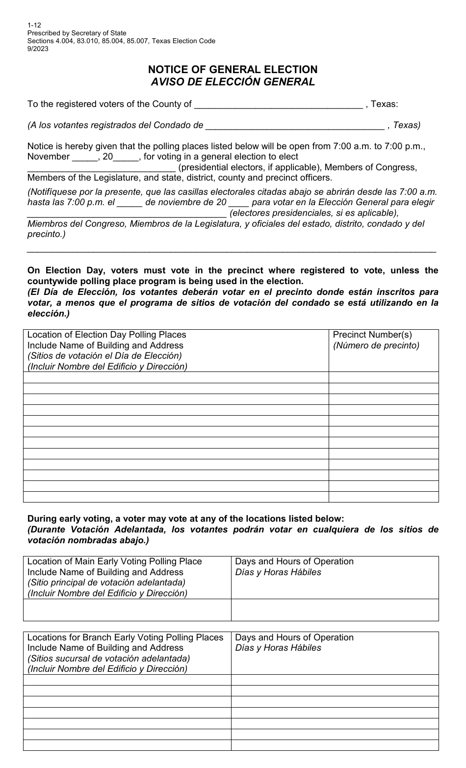 Form 1-12 Notice of General Election - Texas (English / Spanish), Page 1