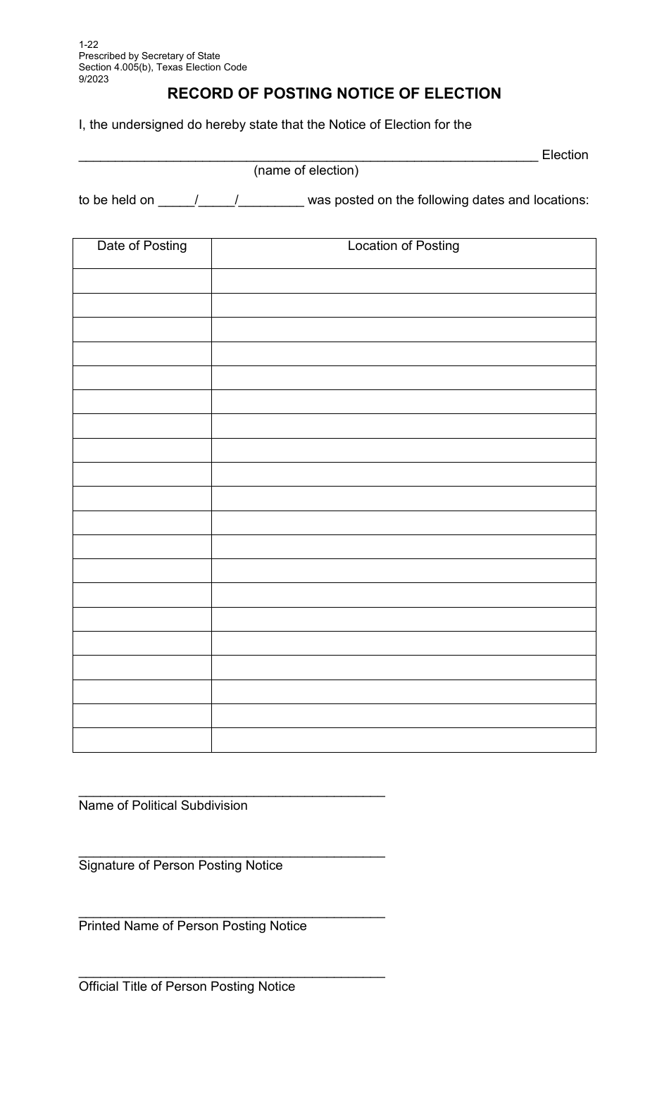 Form 1-22 Record of Posting Notice of Election - Texas, Page 1