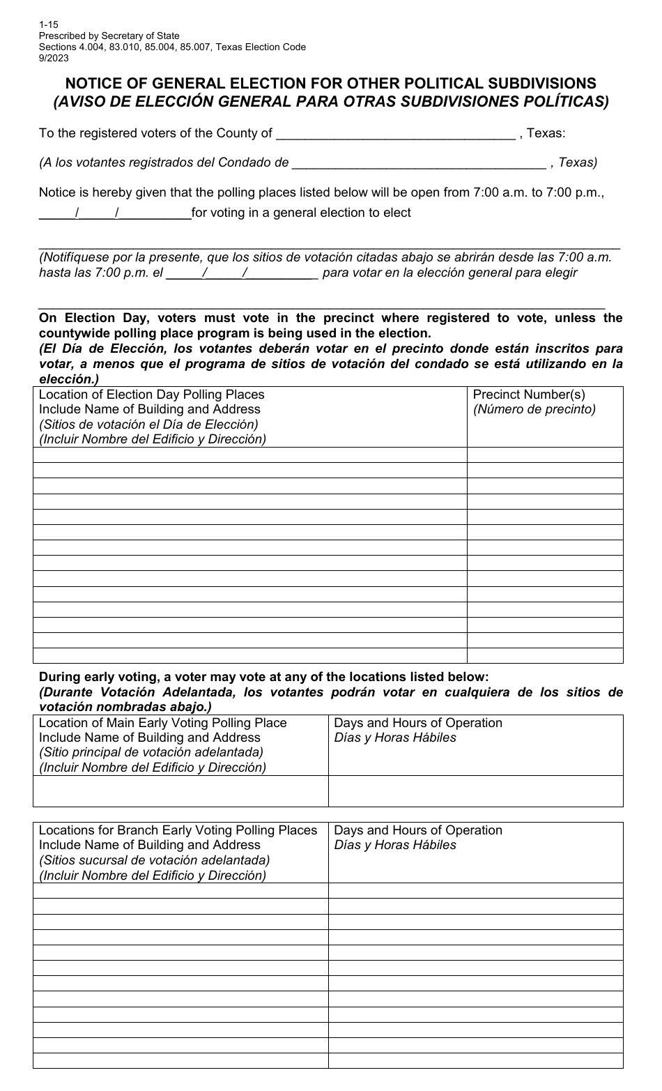 Form 1-15 Notice of General Election for Other Political Subdivision - Texas (English / Spanish), Page 1