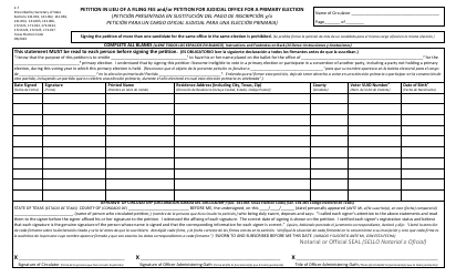Document preview: Form 2-7 Petition in Lieu of a Filing Fee and/or Petition for Judicial Office for a Primary Election - Texas (English/Spanish)