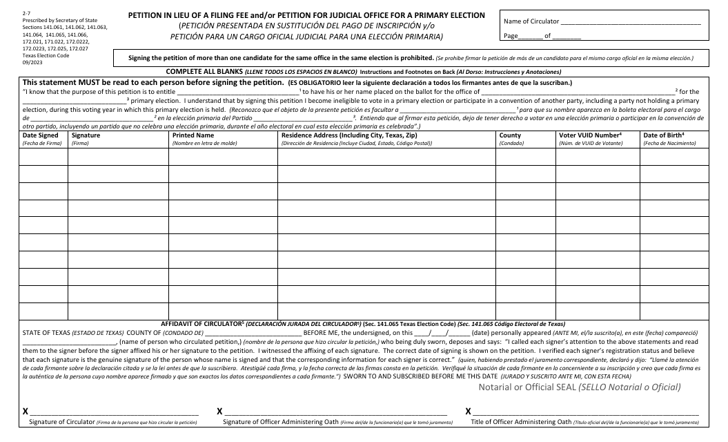 Form 2-7 Petition in Lieu of a Filing Fee and/or Petition for Judicial Office for a Primary Election - Texas (English/Spanish)