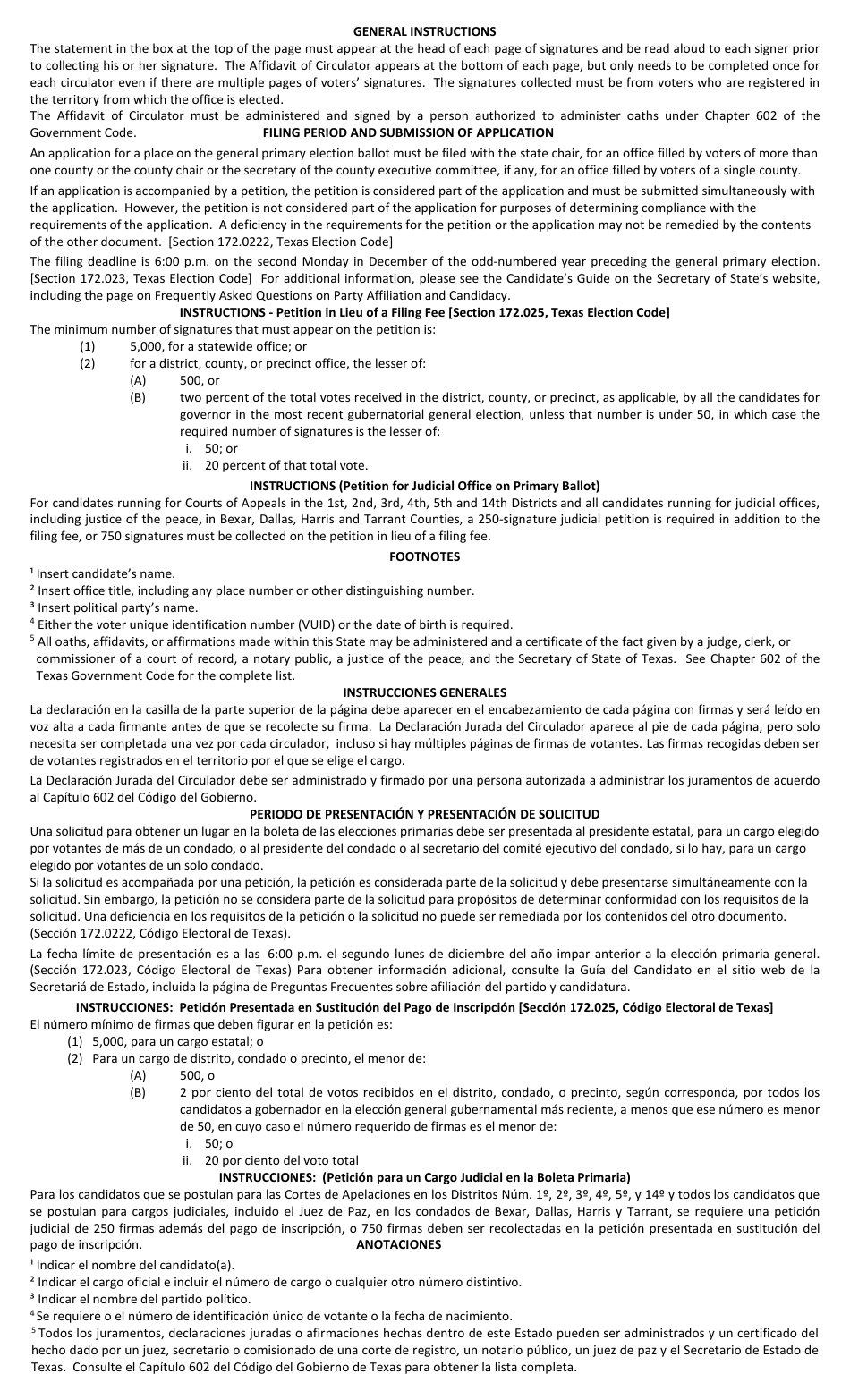 Form 2-7 Petition in Lieu of a Filing Fee and / or Petition for Judicial Office for a Primary Election - Texas (English / Spanish), Page 2