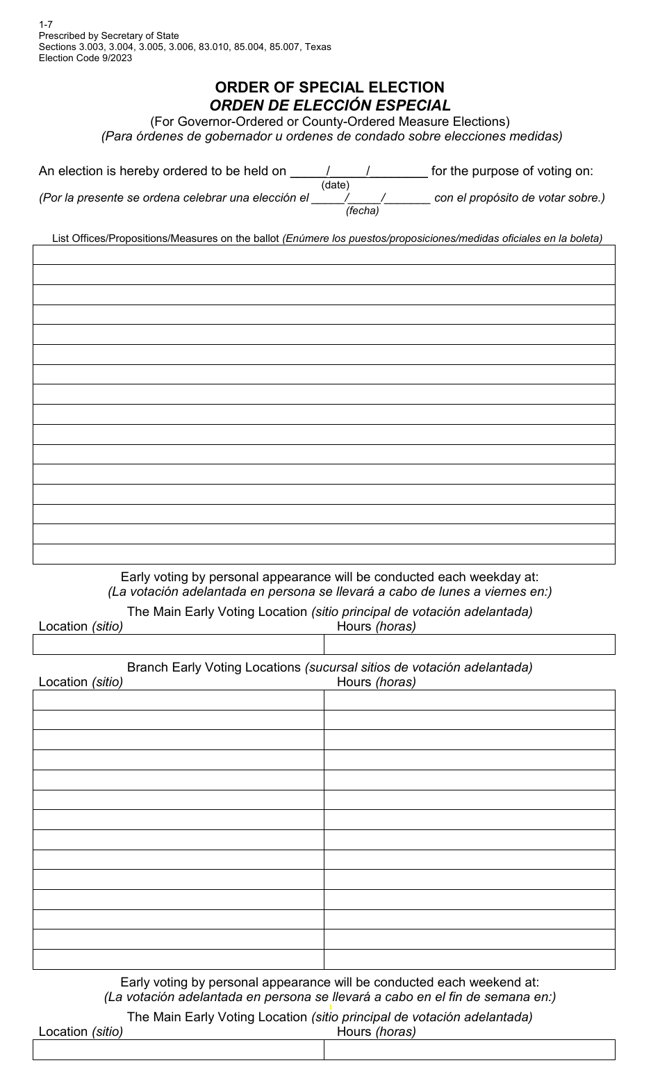 Form 1-7 Order of Special Election for Counties (For Governor-Ordered or County-Ordered Measure Election) - Texas (English / Spanish), Page 1